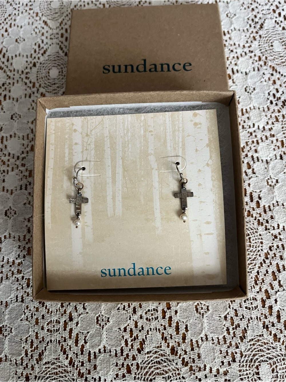 Sundance Catalog Sterling Silver Cross with Pearl Earrings